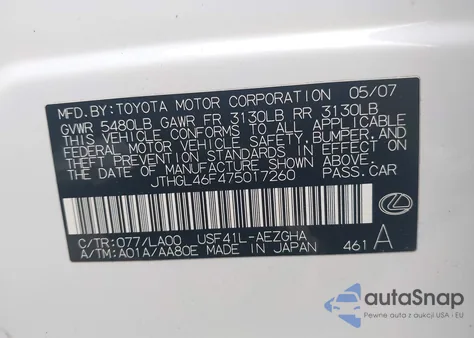 2007 Lexus Ls 460 L z USA, uszkodzony, nr VIN JTHGL46F475017260